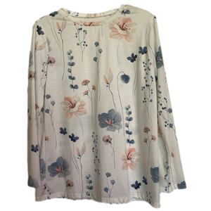 Casual Floral Print Crew Neck Relax Fit Top, Women’s M, White Blue Multicolor